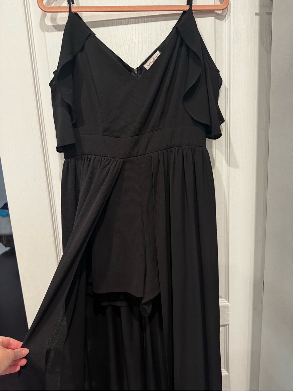 Socialite Black Ruffle Romper with sheer maxi look.  Size L.  Worn 2 times.